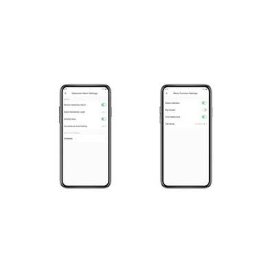 Zwei Smartphone-Bildschirme zeigen Einstellungen an. Links: 'Detection Alarm Settings' mit Aktivitätsoptionen. Rechts: 'Basic Function Settings' mit Zeit- und Statusoptionen.