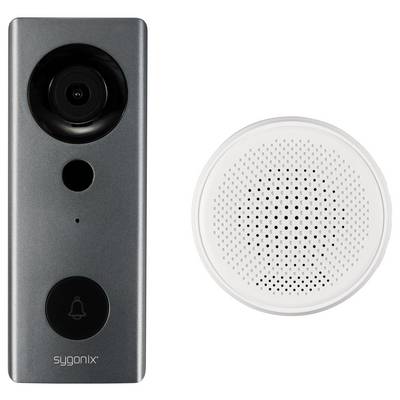Türklingel mit Kamera, Mikrofon und Lautsprecher links; runder, weißer Lautsprecher rechts; Marke 'Sygonix'.
