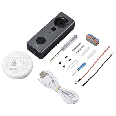 Klingelset mit Kamera, Lautsprecher, Schraubendreher, Schrauben, Dübel, USB-Kabel und Drähten. Enthält Installationswerkzeuge.