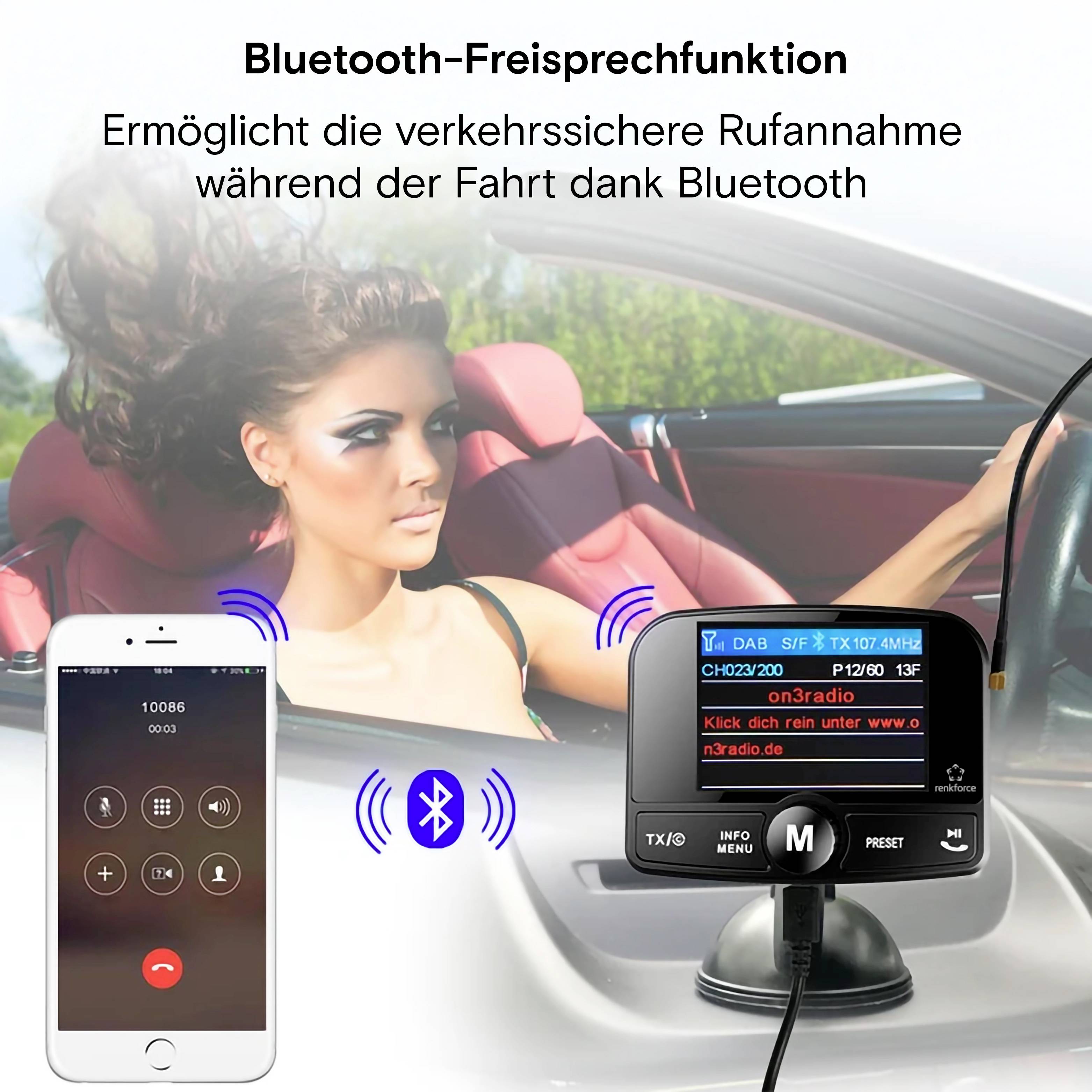 Bluetooth-Freisprecheinrichtung im Auto. Frau am Steuer; Smartphone zeigt einen Anruf. Text: 'Ermöglicht verkehrssichere Rufannahme'.