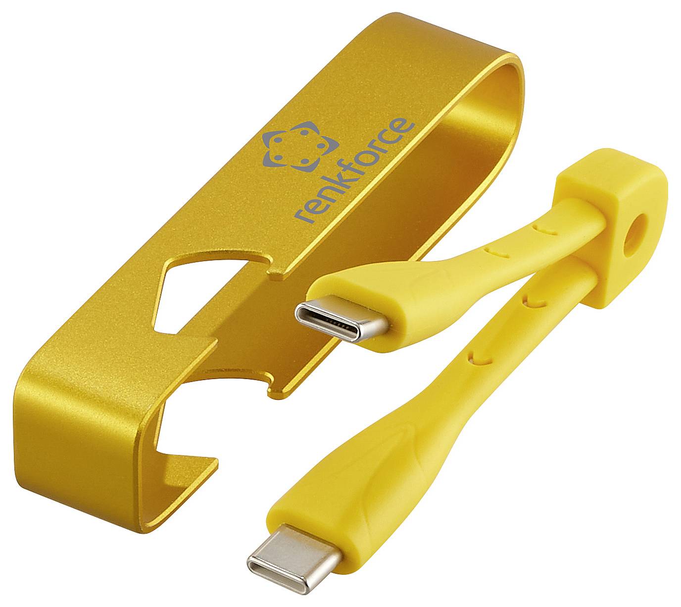 Gelbes USB-C-Kabel mit flexibler Halterung und Flaschenöffner-Funktion, Markenname 'renkforce' sichtbar.