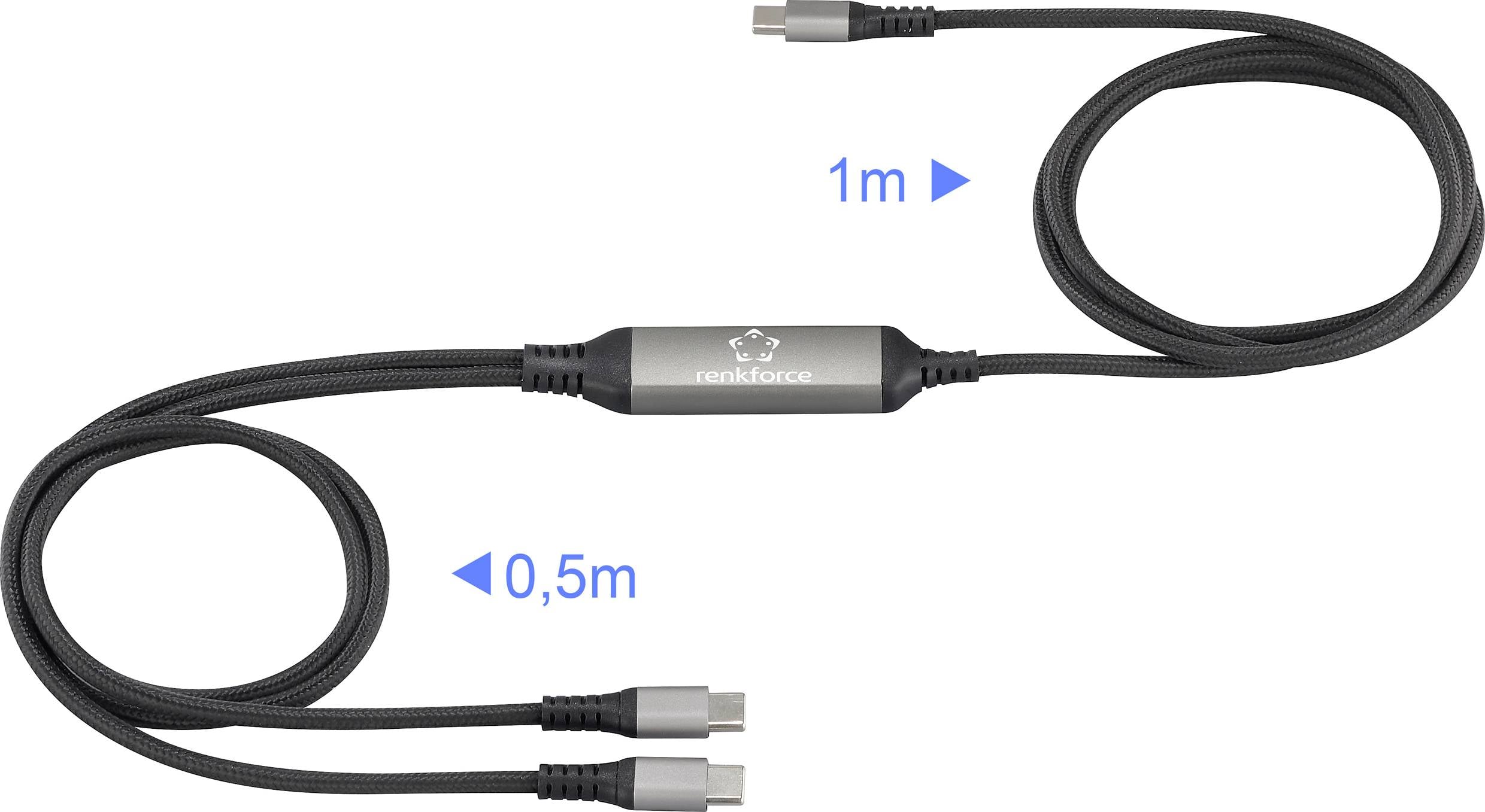 USB-C-Kabel mit zwei Anschlüssen auf einer Seite (je 0,5 m) und einem Anschluss auf der anderen (1 m). Hauptkommunikationskabel für schnelle Datenübertragung.