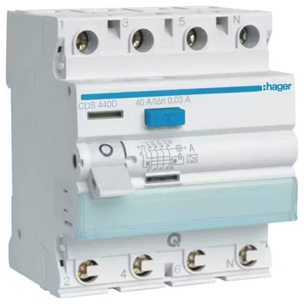 Ein Fehlerstromschutzschalter von Hager mit der Aufschrift 'CDS 440D' und Spezifikationen: 40 A/13 A/0,03 A.