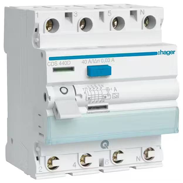 Ein weißer elektronischer Leistungsschalter von Hager, Modell CDS 440D, mit blauer Schaltwippe und mehreren Anschlussklemmen.