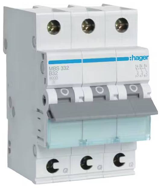 Ein dreipoliger Schutzschalter von Hager mit der Bezeichnung MBS 332 B32, geeignet für den Einsatz in elektrischen Schaltkreisen.
