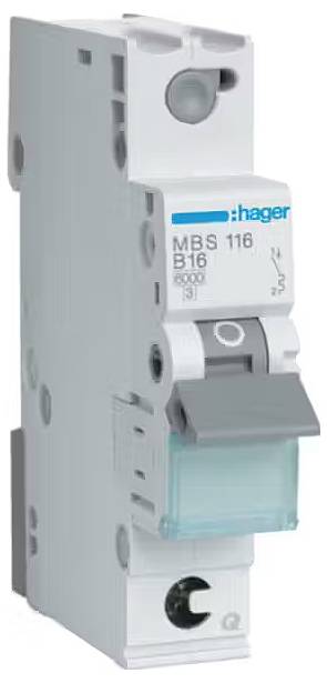 Ein einpoliger Leitungsschutzschalter mit der Aufschrift 'MBS 116 B16'. Er ist grau-weiß mit blauer Schrift und einem kleinen Hebel.