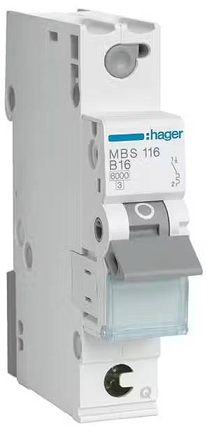 Ein einpoliger Leitungsschutzschalter der Marke Hager, Typ MBS116 B16, 6000 Ampere Schaltvermögen, für die Montage auf DIN-Schiene.