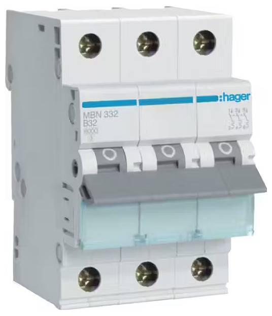 'Automatischer Sicherungsschalter der Marke Hager, Modell MBN 332 B32. Dient zum Schutz elektrischer Schaltungen vor Überlast.'