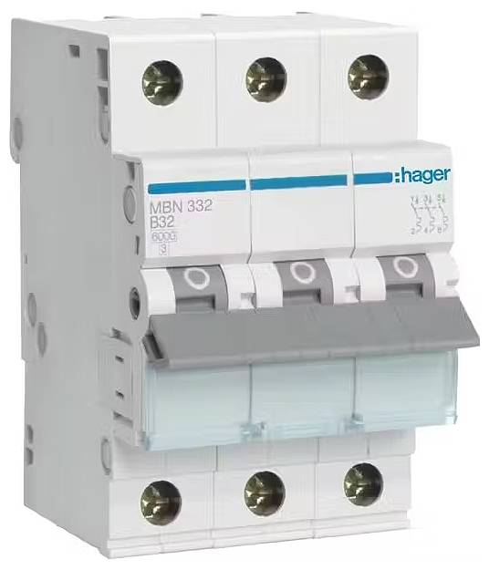 Dreipoliger Sicherungsautomat mit blauer Aufschrift der Marke Hager. Modellnummer MBN 332, geeignet für 32 Ampere.