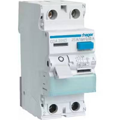 Ein FI-Schalter von Hager mit blauem Schalterhebel und Nennstromangaben von 25A/0,03A für Schutz vor elektrischen Fehlerströmen.