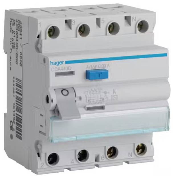 Ein FI-Schutzschalter mit Markenaufdruck, geeignet für elektrische Sicherheitssysteme, zeigt Schalter, Testknopf und technische Angaben.