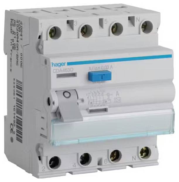 Ein elektrischer Schutzschalter mit blauem Kippschalter, hergestellt von Hager. Entworfen zur Verhinderung von Überlastungen.