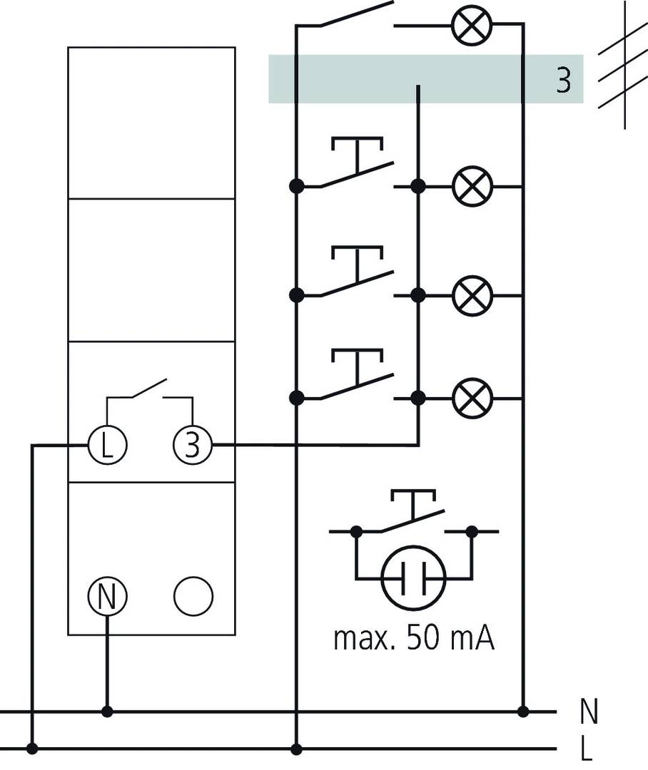 'Schaltplan eines elektrischen Stromkreises mit Schaltern, Lampen und einem Strom nicht über 50 mA, zeigt Verbindungen und Knotenpunkte.'