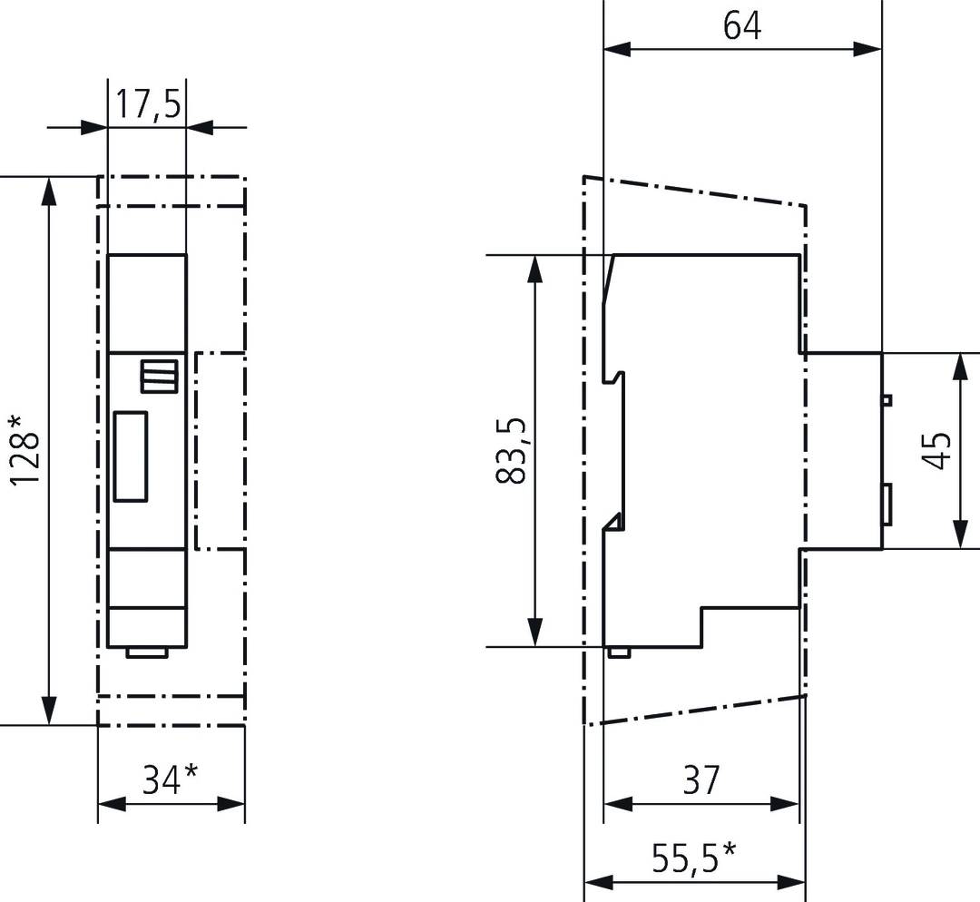 Technische Zeichnung eines rechteckigen Bauteils mit Maßen. Breite: 64 mm, Höhe: 83,5 mm, Tiefe: 34 mm. Detaillierte Maße angegeben.