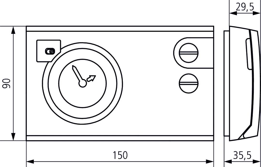 Technische Zeichnung eines Messgeräts mit einem runden Display mit Zeiger, symmetrischen Anschlüssen und einer Längenangabe von 150 mm darunter.