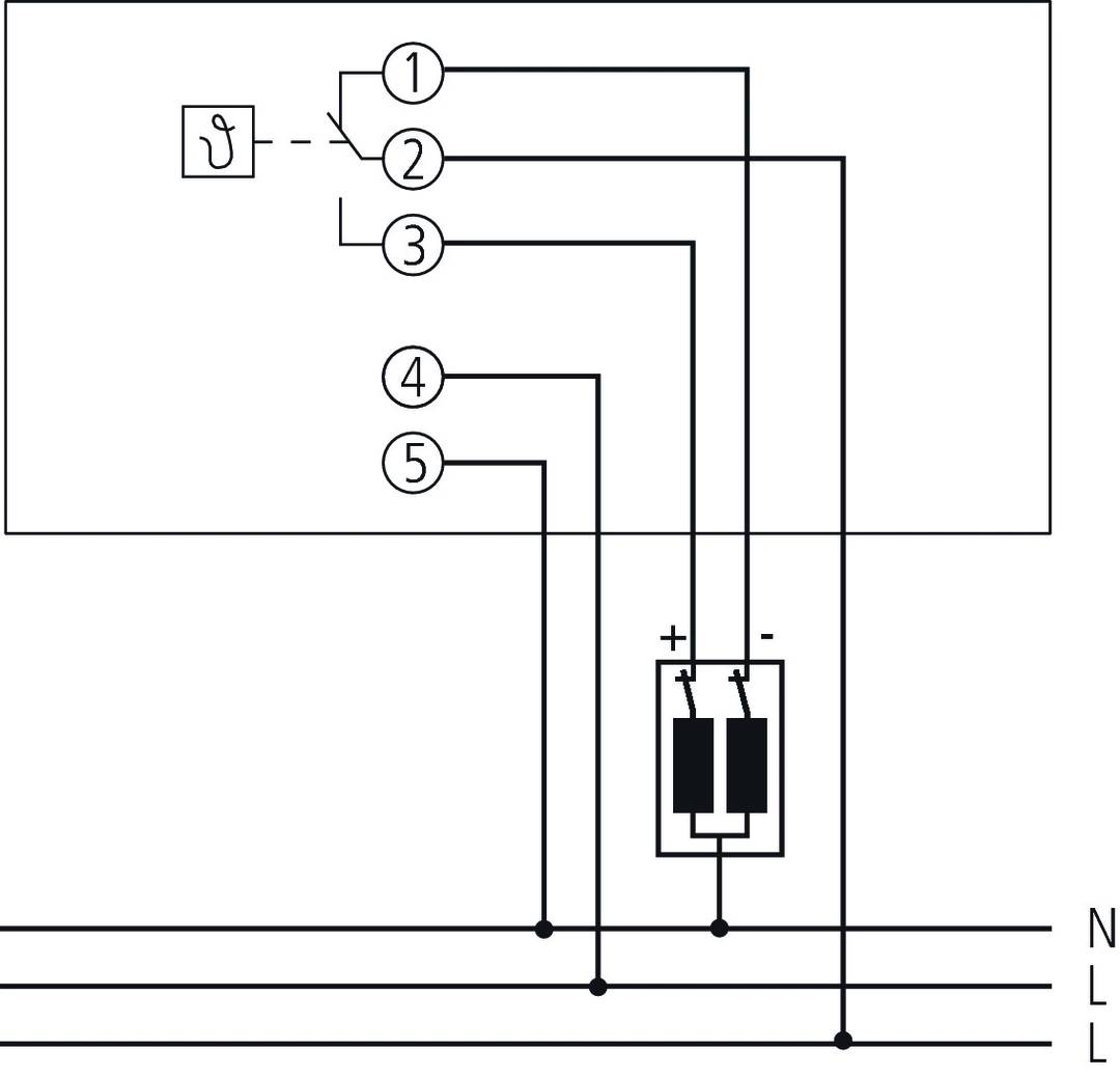 'Elektrischer Schaltplan für einen Motor: zeigt Anschlussklemmen 1 bis 5, mit Plus- und Minuszeichen an einer Doppelspule.'