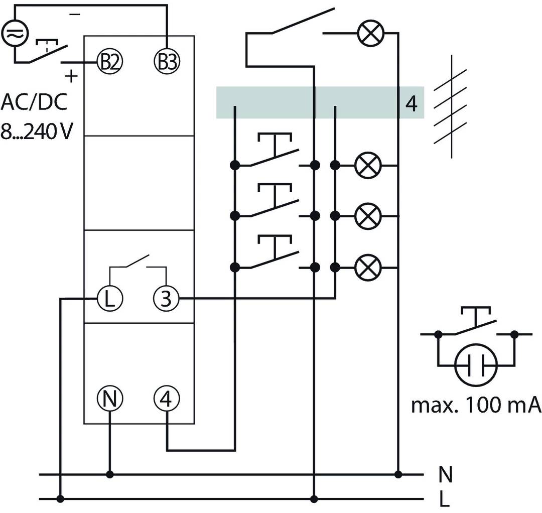 Ein Schaltplan zeigt elektrische Komponenten und Verbindungen mit Spannungseingang von 24-240 V und maximalem Strom von 100 mA.