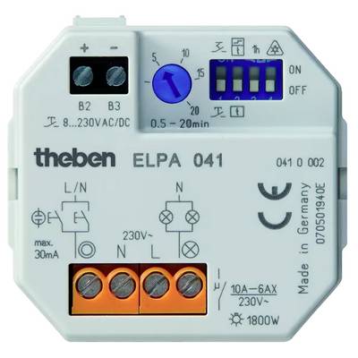 'Theben ELPA 041 Zeitrelais' mit einstellbarer Zeit von 0,5 bis 20 Minuten. Aufschrift '230V~, max. 30mA.' Qualitätsprüfzeichen sichtbar.