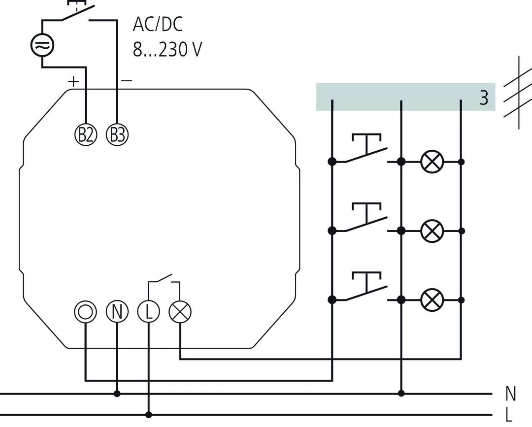 Schaltplan eines elektrischen Stromkreises mit Transformator und mehreren Leuchten. Spannung: 8-230 V AC/DC. Schalter und Anschlüsse sind deutlich gekennzeichnet.