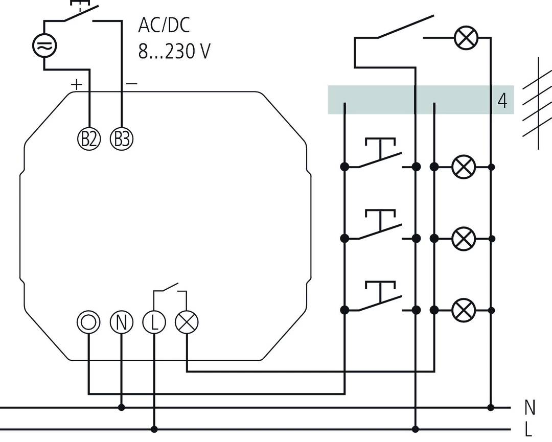 Schaltplan für ein elektrisches System. Zeigt Verbindungen zwischen Schaltern und Lampen, Spannung 8 bis 230 V AC/DC.