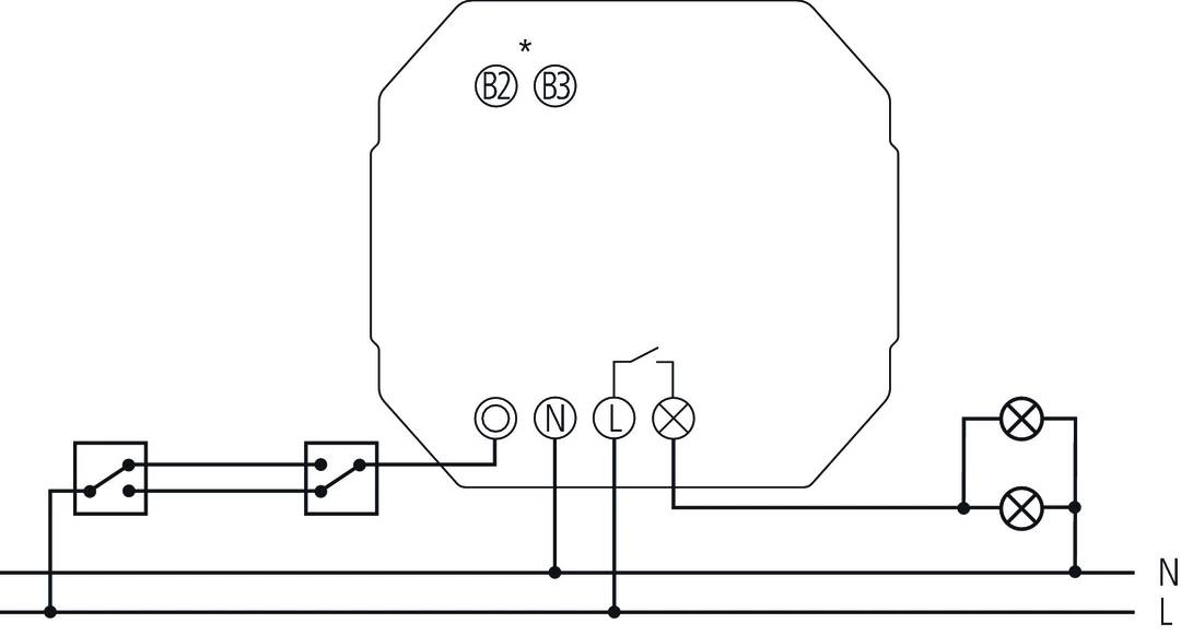 Schaltplan eines elektrischen Geräts: Verbindung von Schaltern zu L, N, O und X. Symbol B2, B3 in der oberen Ecke.