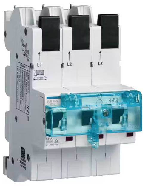 Ein dreipoliger Leitungsschutzschalter mit blauem Hebel, beschriftet mit L1, L2, L3, zur Steuerung elektrischer Stromkreise.