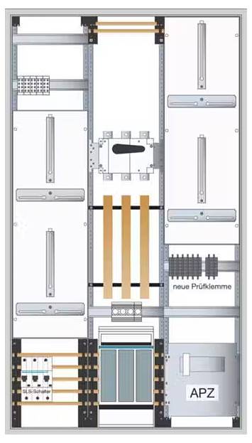 Schaltschrank mit elektrischen Komponenten und Prüfklemmleiste, markiert als 'neue Prüfklemme'. Hauptstromschienen sind sichtbar zentral.
