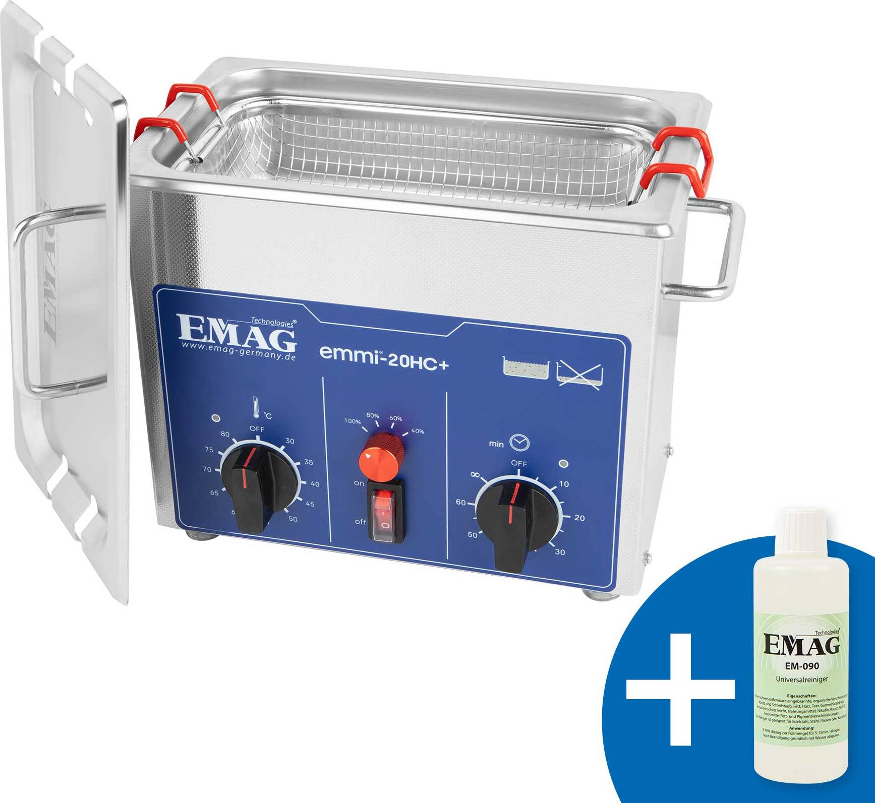 Ein Ultraschallreiniger mit geöffnetem Deckel, blauem Bedienelement und zwei Reglern. Daneben eine Flasche Reinigungsmittel.