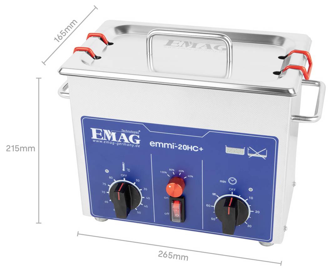 Edelstahl EMAG emmi-20HC+ Ultraschallreiniger mit blauem Bedienfeld und Deckel, dargestellt mit den Abmessungen 265 mm Breite, 215 mm Höhe, 165 mm Tiefe.