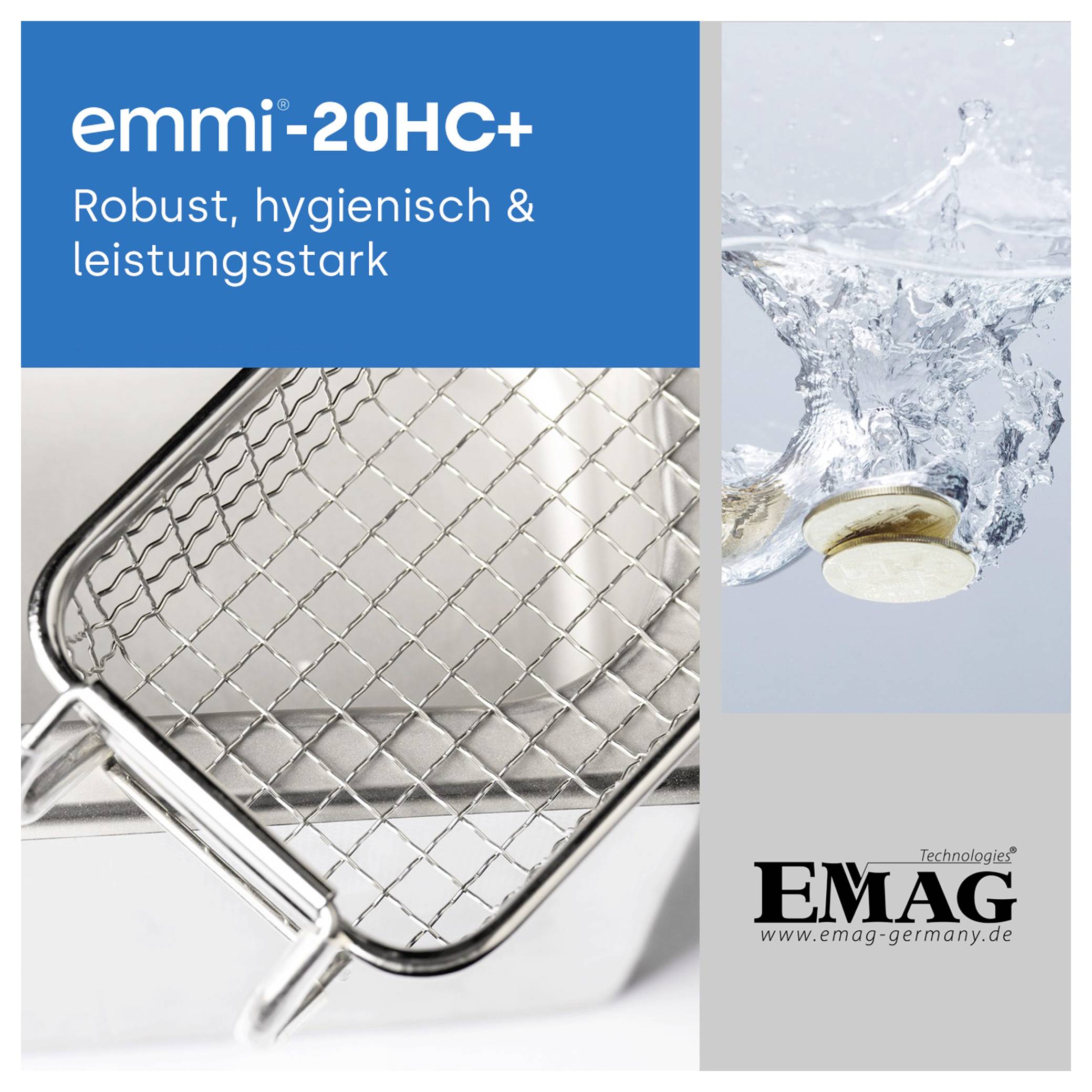Werbeanzeige für 'emmi-20HC+' von EMAG: robustes, hygienisches und leistungsstarkes Reinigungsgerät mit Korb im Wasserstrahlbild.
