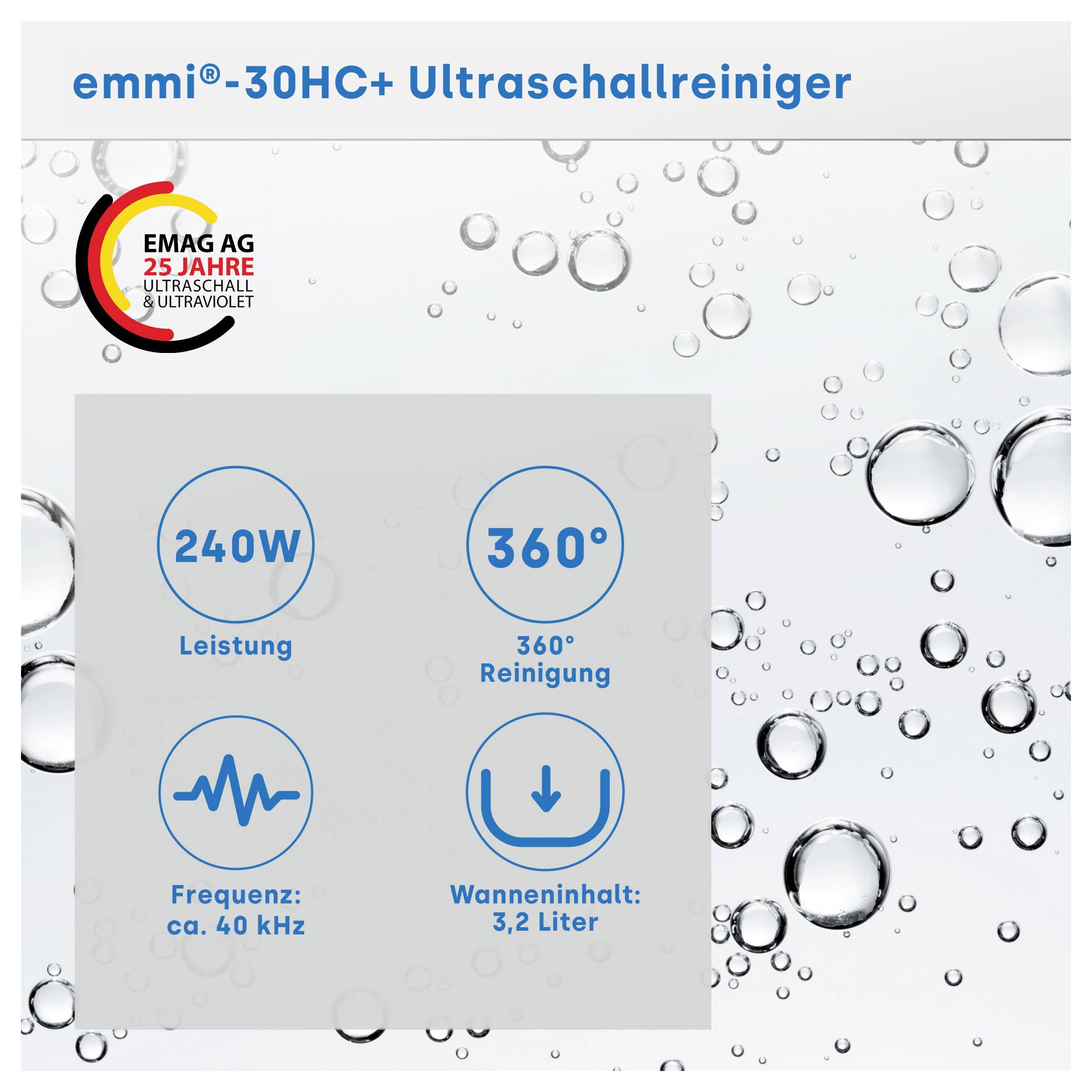 Werbegrafik für den 'emmi®-30HC+ Ultraschallreiniger' mit 24 W Leistung, 360°-Reinigung, ca. 40 kHz Frequenz und 3,2-Liter-Wanneninhalt.
