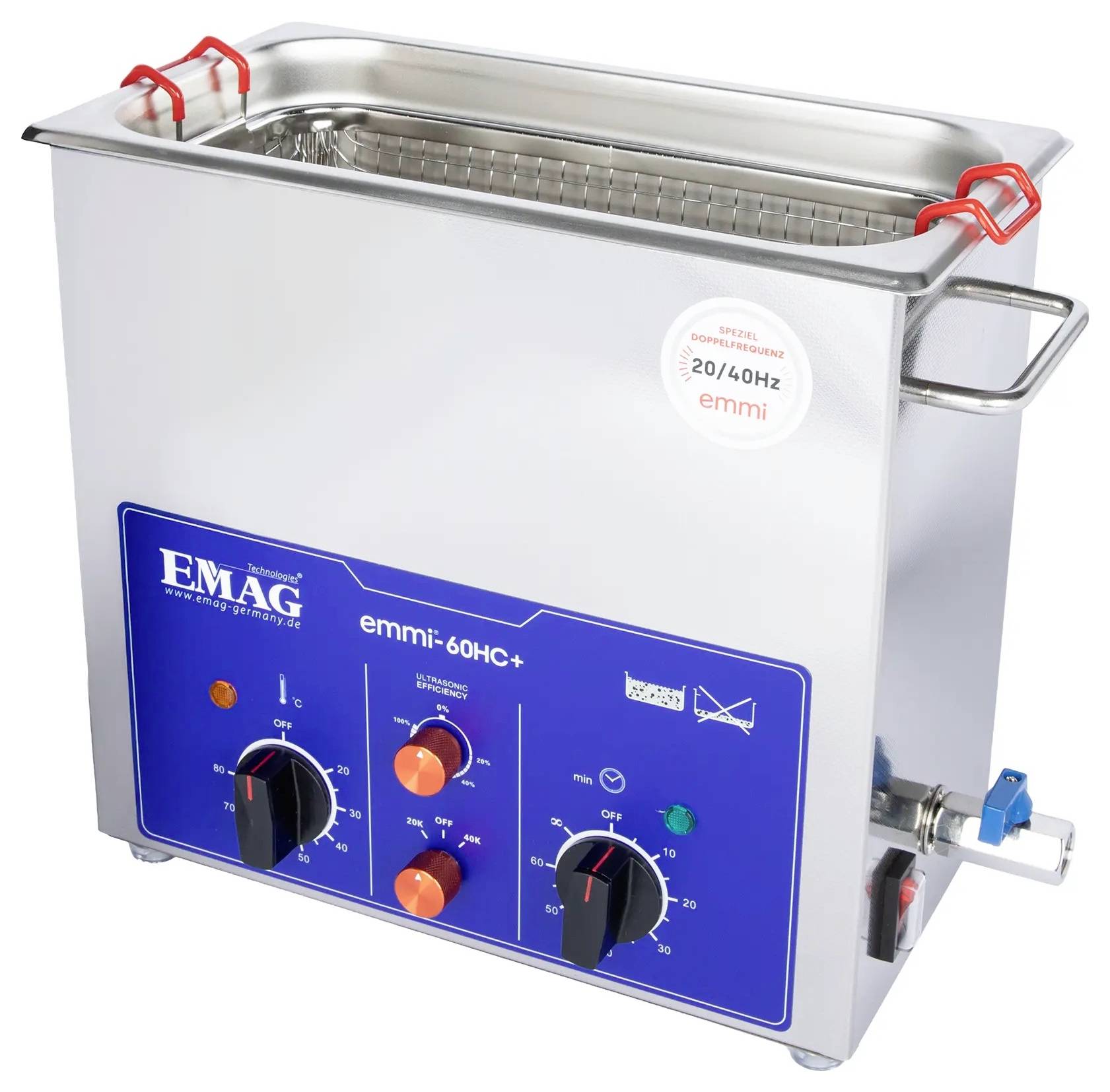 Edelstahl-Ultraschallreinigungsmaschine mit blauem Bedienfeld, zwei Drehknöpfen und roten Korbgriffen für Labor- oder Industriereinigung.