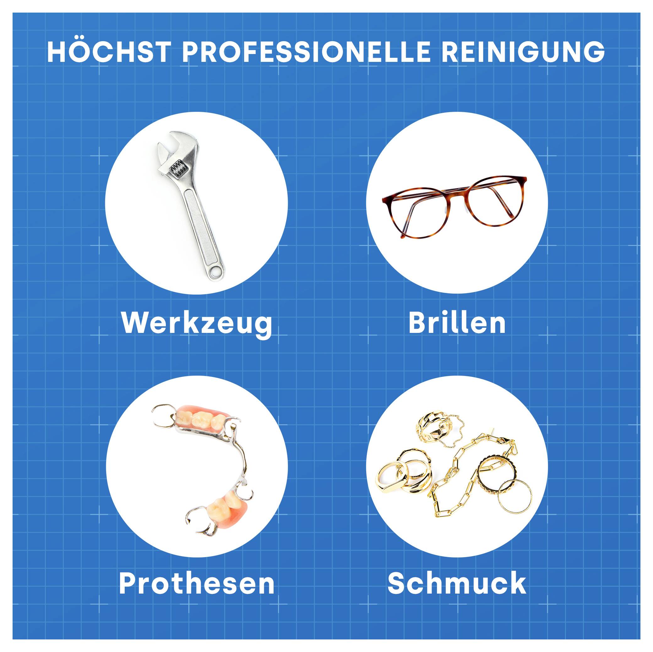 Grafik zur 'höchst professionellen Reinigung' für Werkzeuge, Brillen, Prothesen und Schmuck, jeweils mit Beispielbild in vier Kreisen.<br>