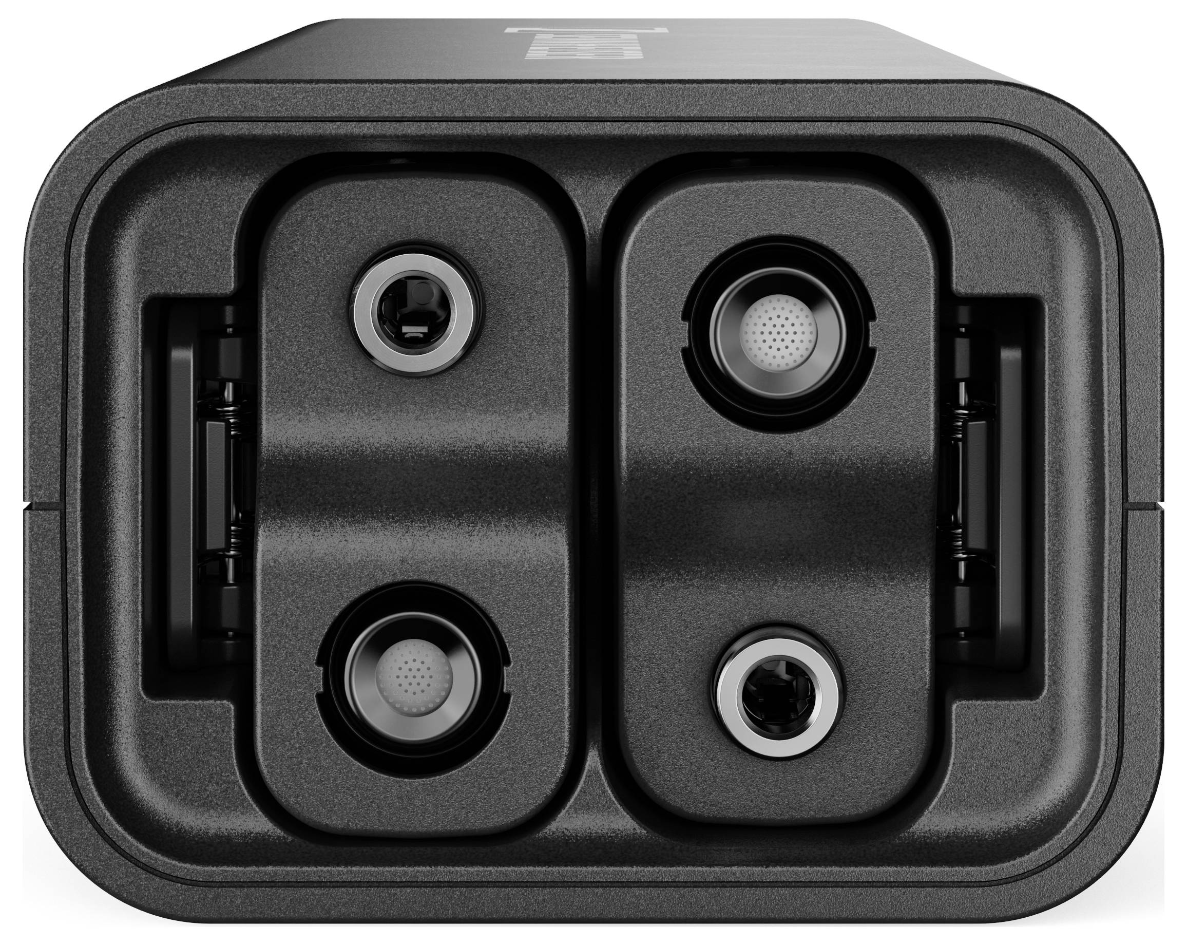 Schwarzes elektronisches Gerät mit zwei runden Anschlüssen oben, wahrscheinlich für Ladezwecke oder Adapterverbindungen geeignet.