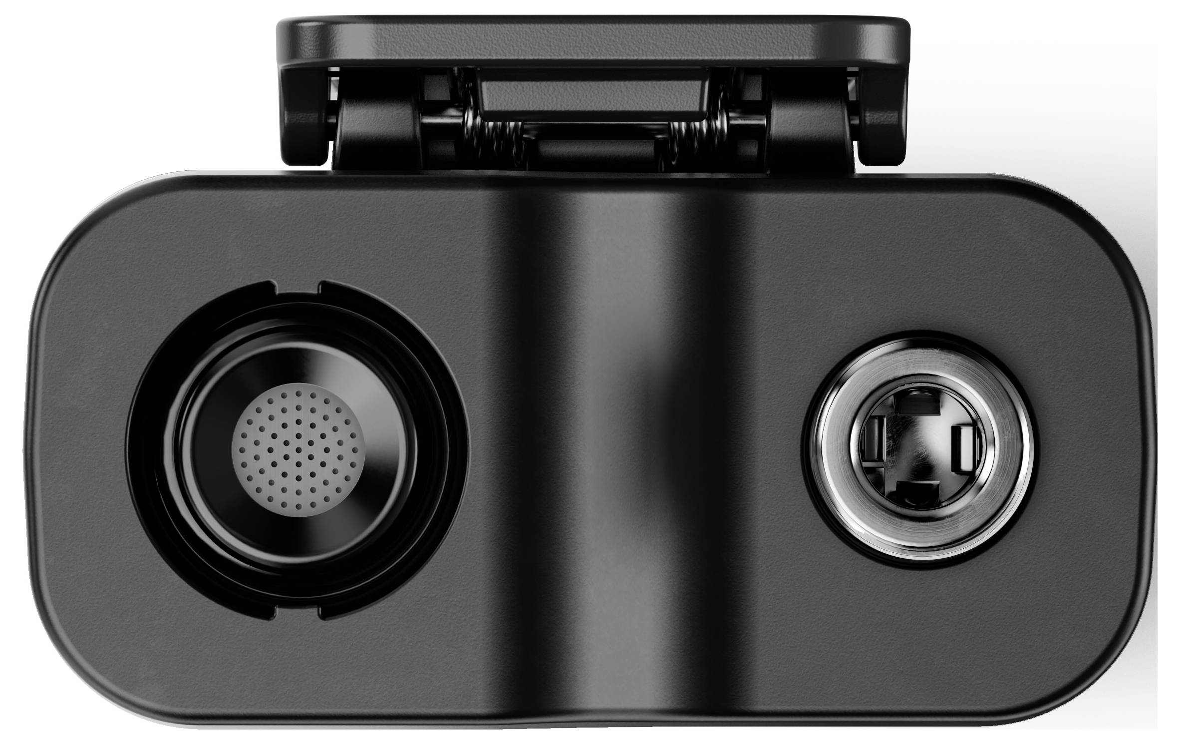 Kaffeemaschine von oben gesehen, zeigt zwei Einsatzbereiche für Kaffeepads und Wassertank, schwarze Oberfläche.