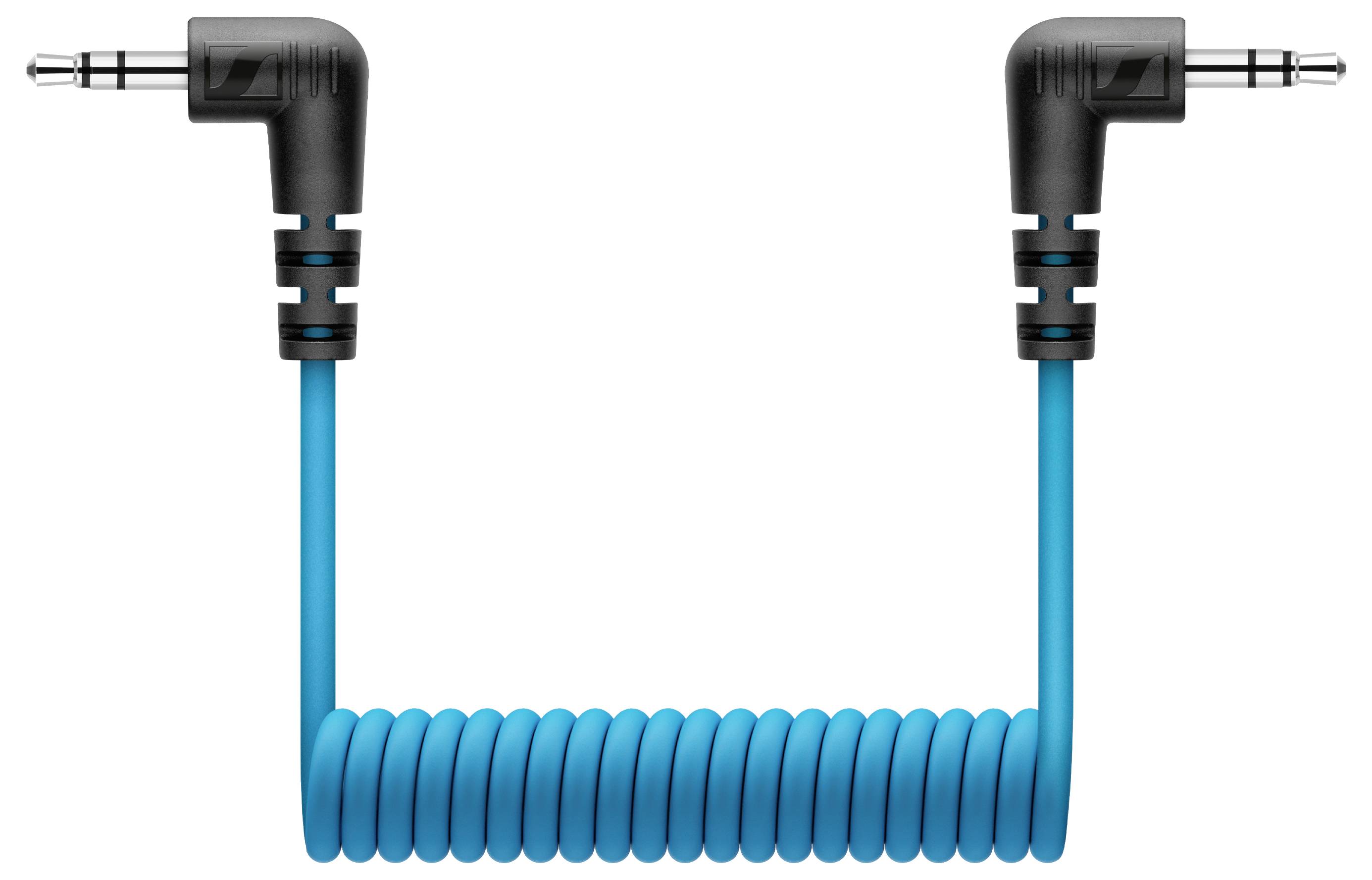 Ein blaues, spiralförmiges Audiokabel mit zwei rechtwinkligen 3,5-mm-Steckern.