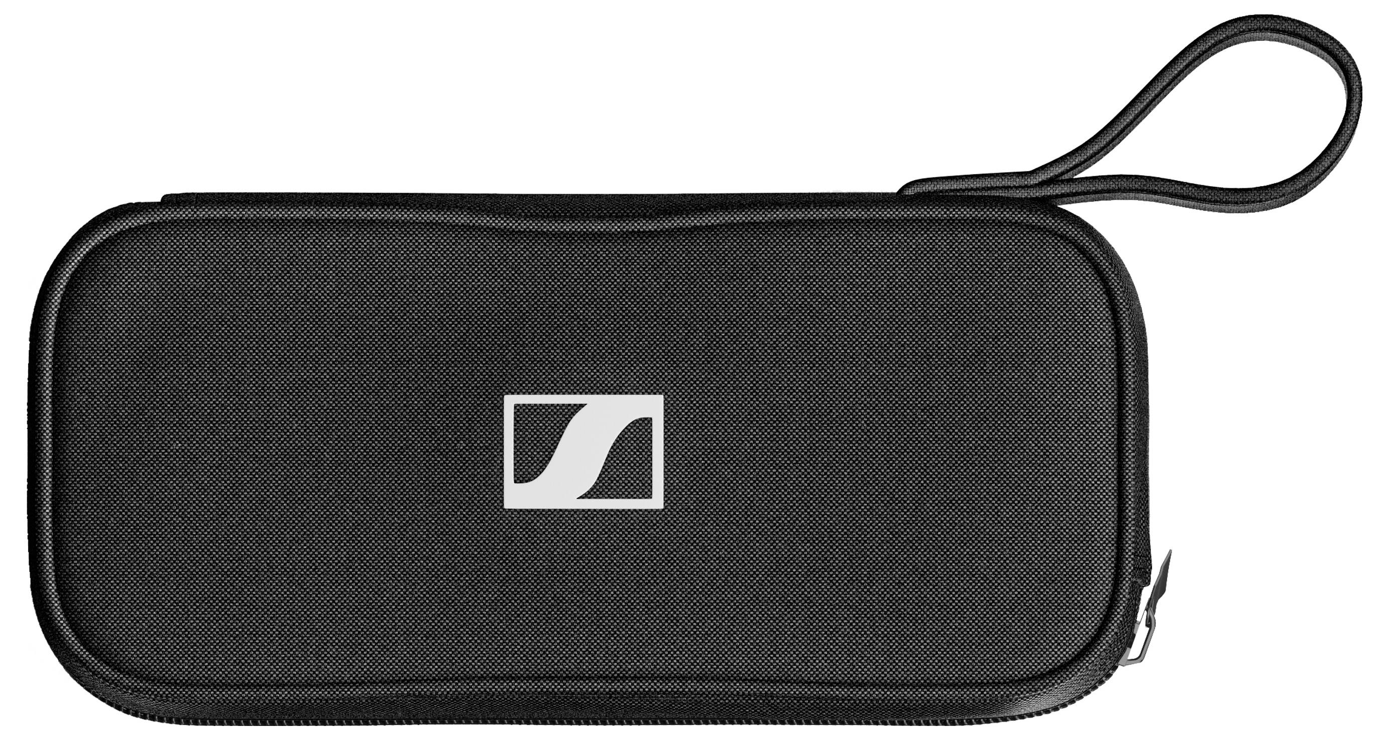 Schwarzes Etui mit Reißverschluss und Trageschlaufe, darauf ein stilisiertes Logo in Weiß.