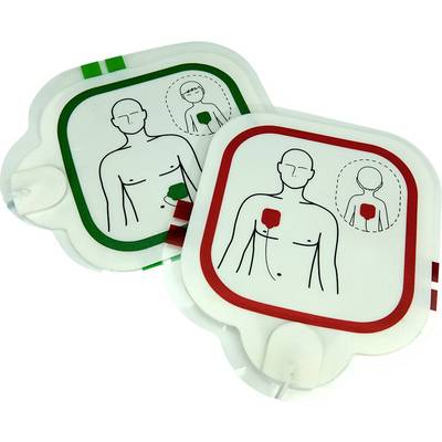 'Elektroden für einen Defibrillator' mit Anweisungen zur Platzierung: grüne Elektrode für die rechte Brust, rote Elektrode für die linke Seite.