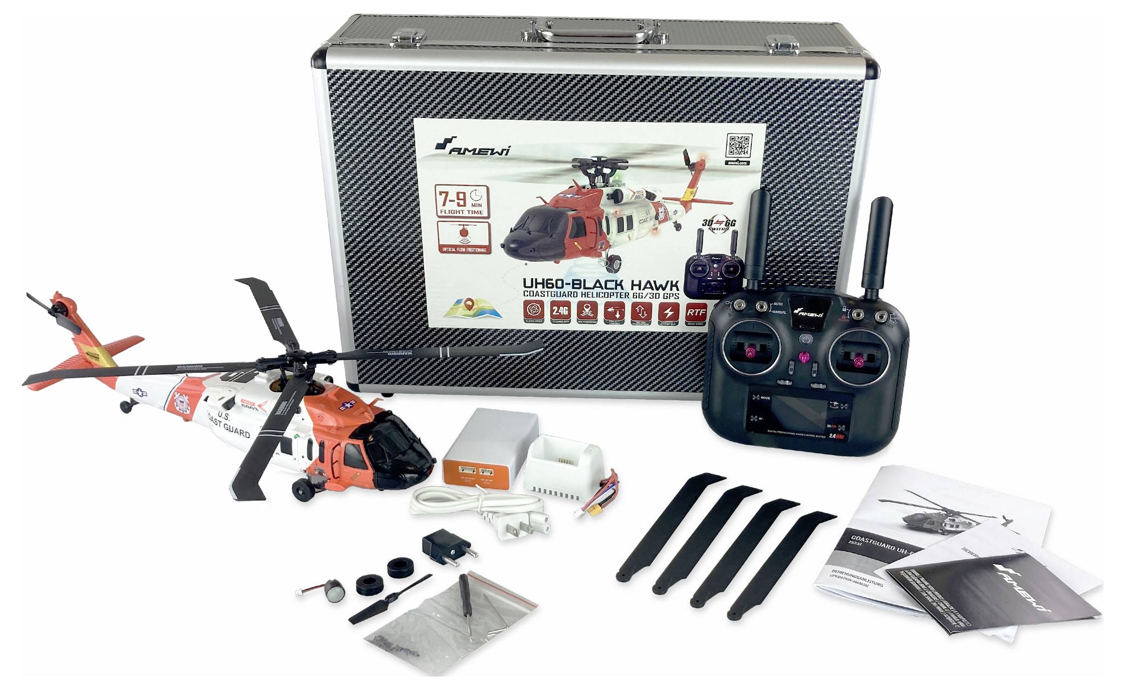 Spielzeughubschrauber-Set mit Fernbedienung, Ersatzteilen, Anleitung und Verpackung eines UH60-Black-Hawk-Modells.