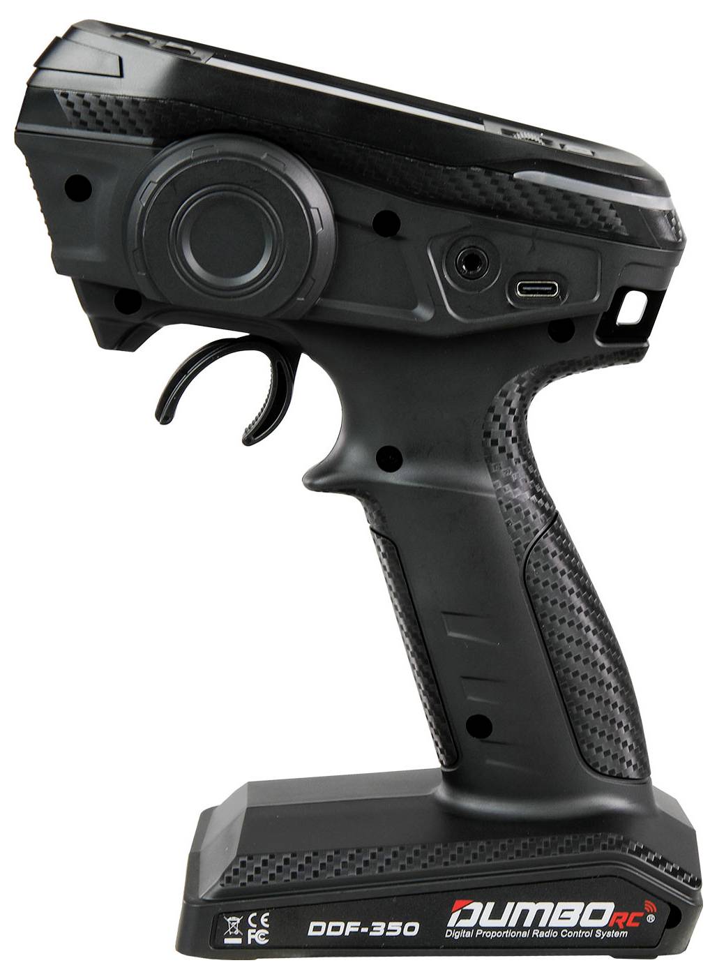 Funkfernbedienung in Schwarz mit mehreren Tasten, USB-Anschluss und Logo 'DUMBO RC' auf der Basis.