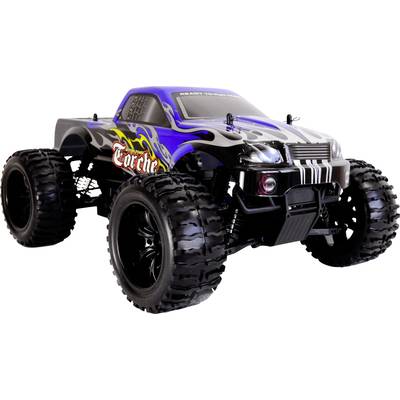 Ein ferngesteuertes Auto im Monstertruck-Stil mit großen Reifen und einer auffälligen Lackierung in Blau, Schwarz und Flammenmotiven.