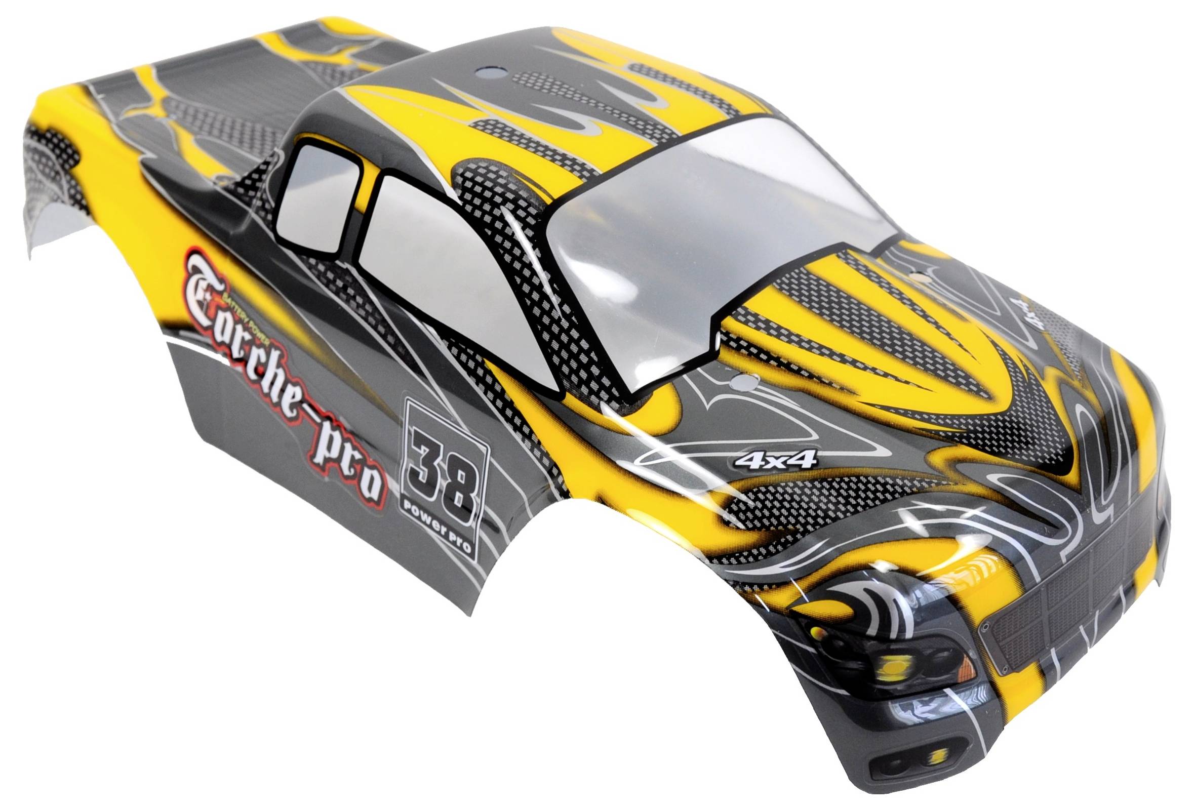 Ein gelber und schwarzer Modellauto-Karosserieteil mit grafischen Mustern und der Aufschrift 'Tooche-pro', Nummer '38', '4x4'.