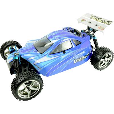 Ein blaues ferngesteuertes Auto mit schwarzen Offroad-Reifen und der Aufschrift 'Leopard' an der Seite und am Spoiler.
