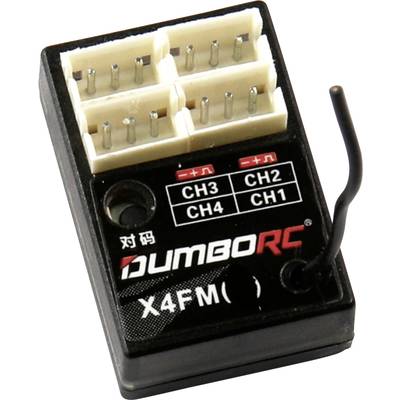 Schwarzer RC-Empfänger mit vier Steckplätzen (CH1 bis CH4) und einer Antenne. Markenname 'DumboRC' ist aufgedruckt.