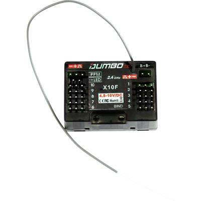 Empfänger-Modul X10F PPM 2.4 GHz von DumboRC, zeigt Anschlüsse, Stromversorgung (4,8-10V), Drahtantenne, CE- und RoHS-Zeichen.