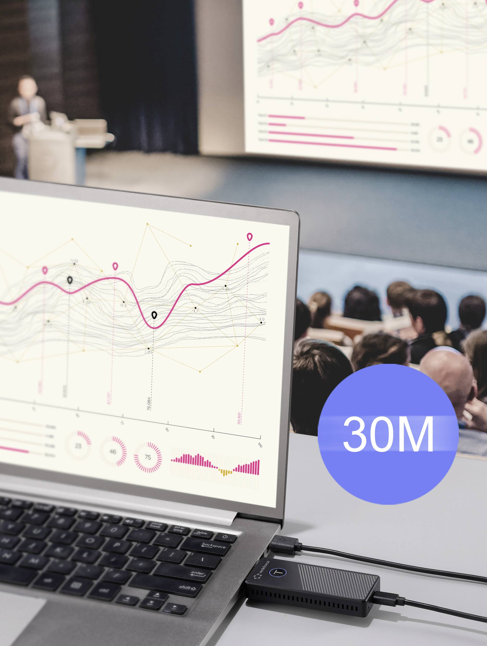 'Präsentation einer Grafik über 30 Millionen. Zeigt einen Laptop mit einer Datenvisualisierung und Zuschauer im Hintergrund.'