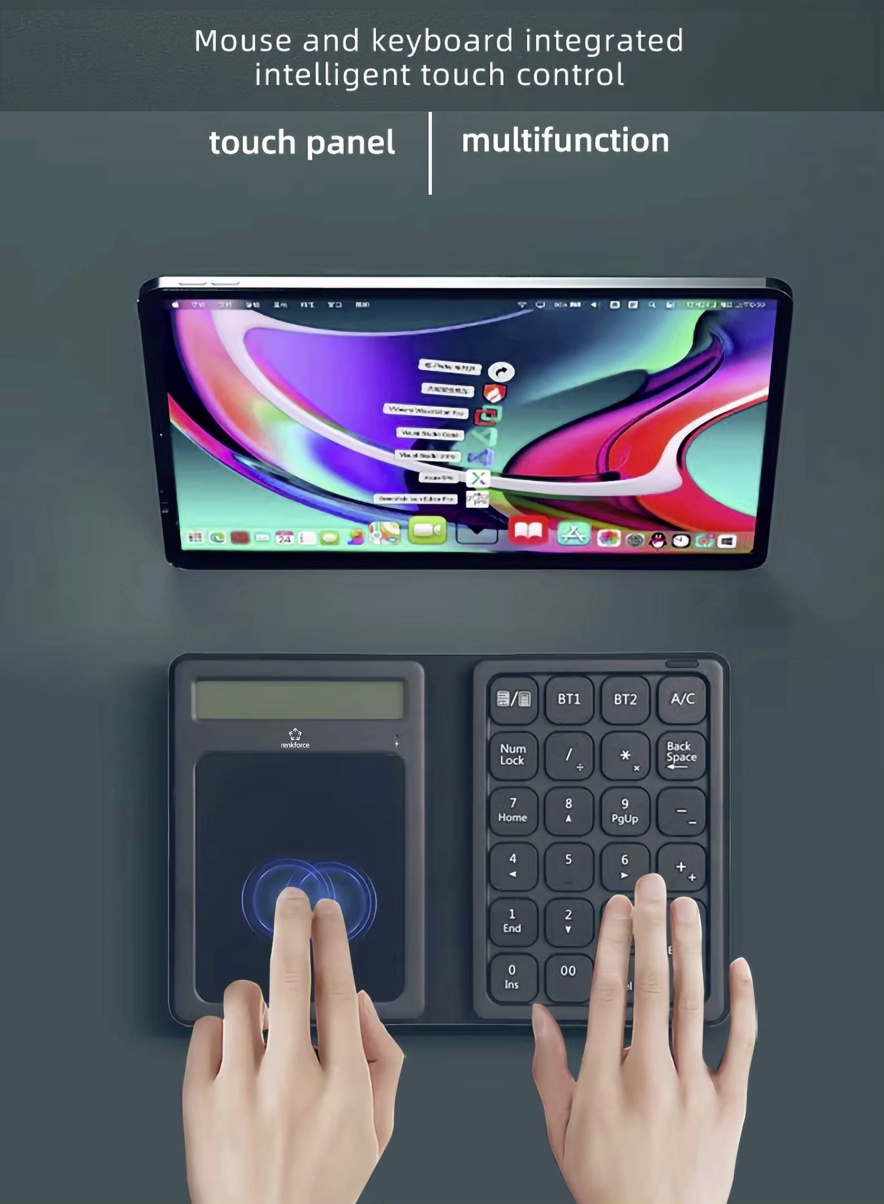 Eine Person bedient ein multifunktionales Touch-Panel und eine Tastatur, die als Maus dient. Ein Tablet zeigt ein Menü auf dem Bildschirm.