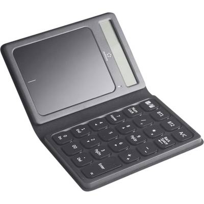 Ein schwarzer Taschenrechner mit Solarzellen oben links und einem numerischen Tastenfeld rechts.