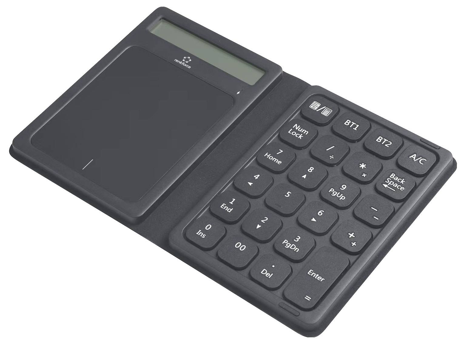 Ein schwarzer USB-Nummernblock mit integriertem Taschenrechner, der im aufgeklappten Zustand gezeigt wird.