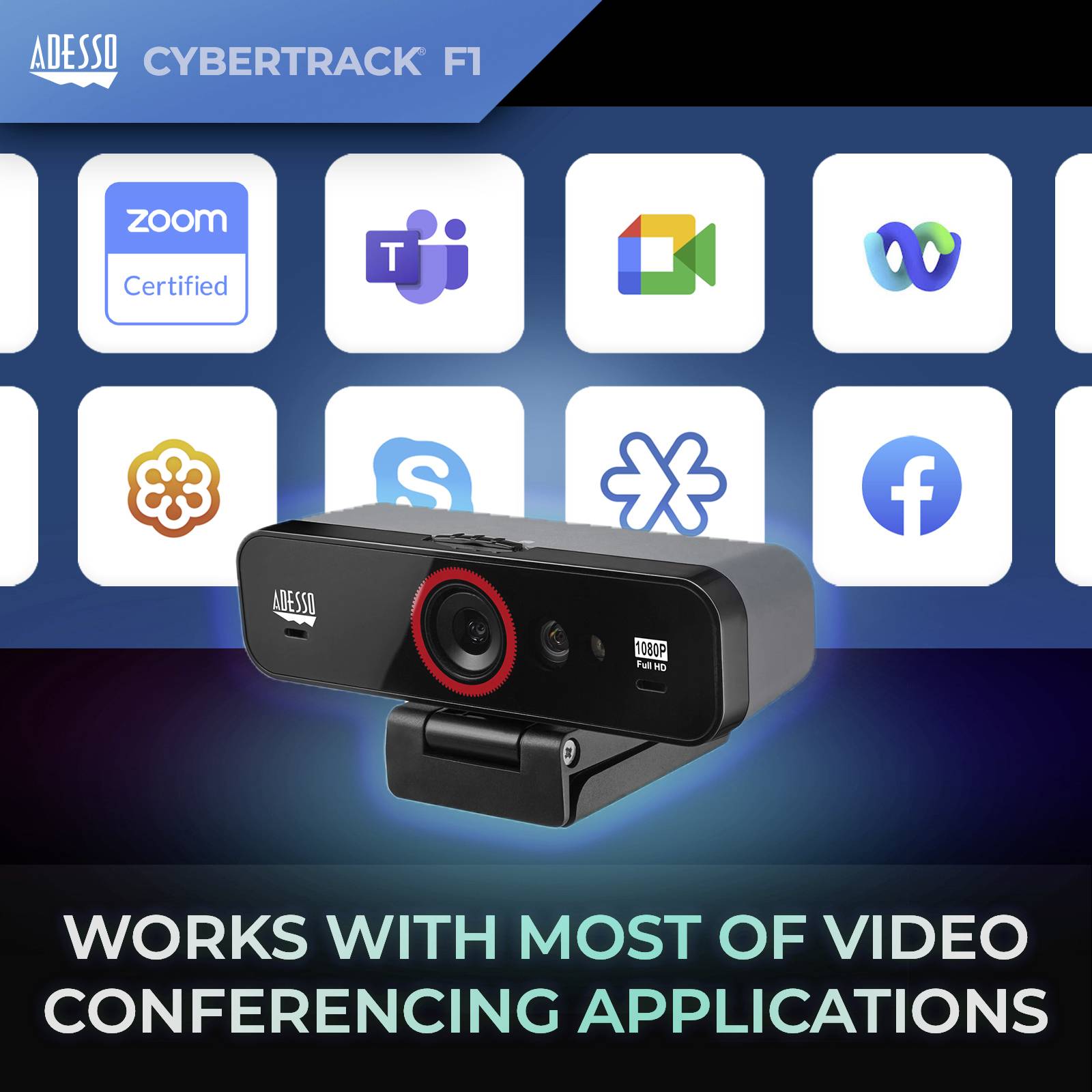 Webcam vor Icons für Videokonferenz-Apps. Text oben: 'ADEZZO CYBERTRACK F1'. Text unten: 'WORKS WITH MOST VIDEO CONFERENCING APPLICATIONS'.